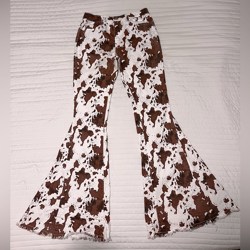 Saints and Hearts Cowprint Bell Bottom Jeans!